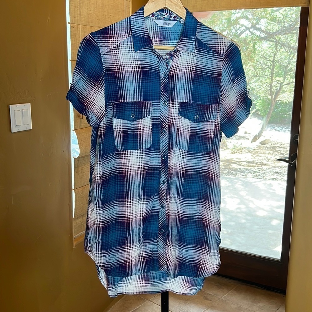 Great Northwest Indigo Cap Sleeve Button-Up Shirt - Women's Size Small- EUC